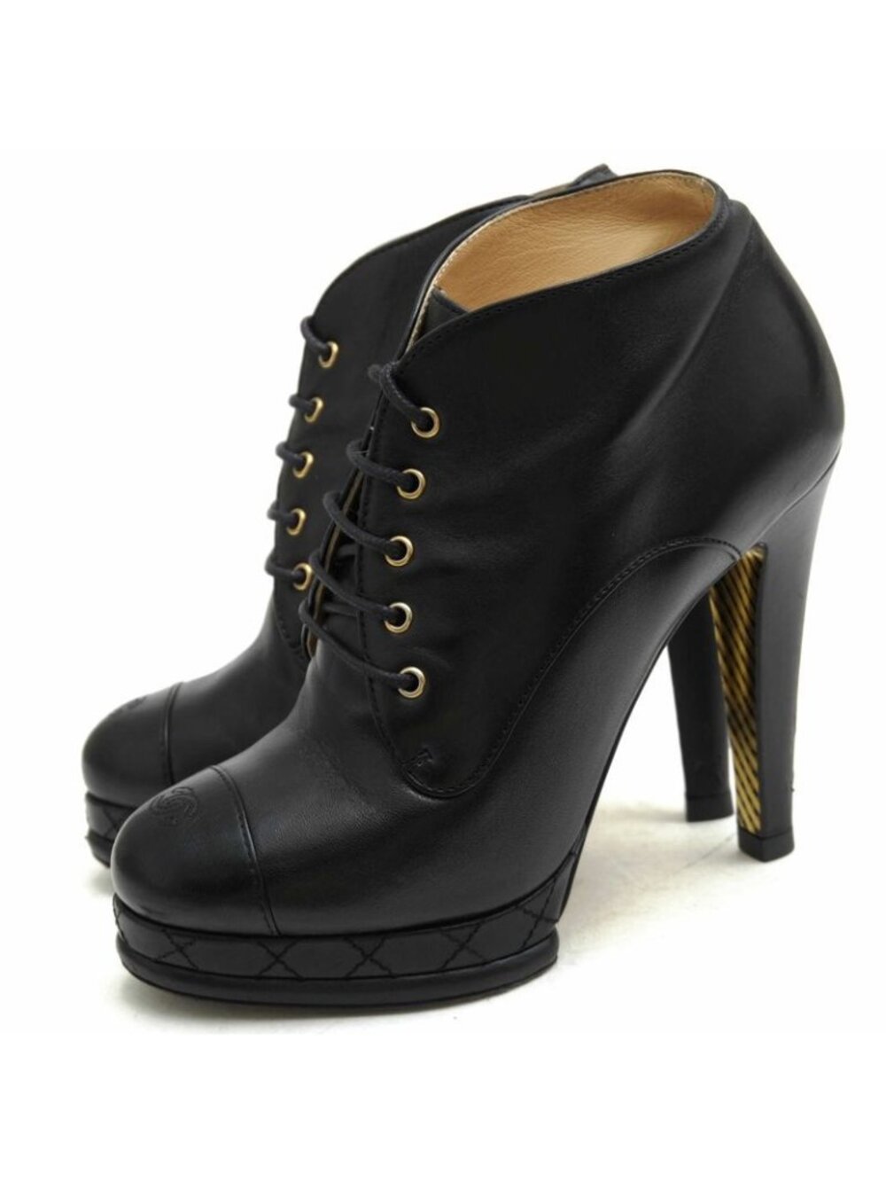Chanel Booties Short Boots Shoes Women Leather Black Coco Mark